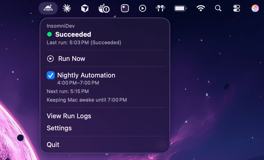 InsomniDev menu bar app